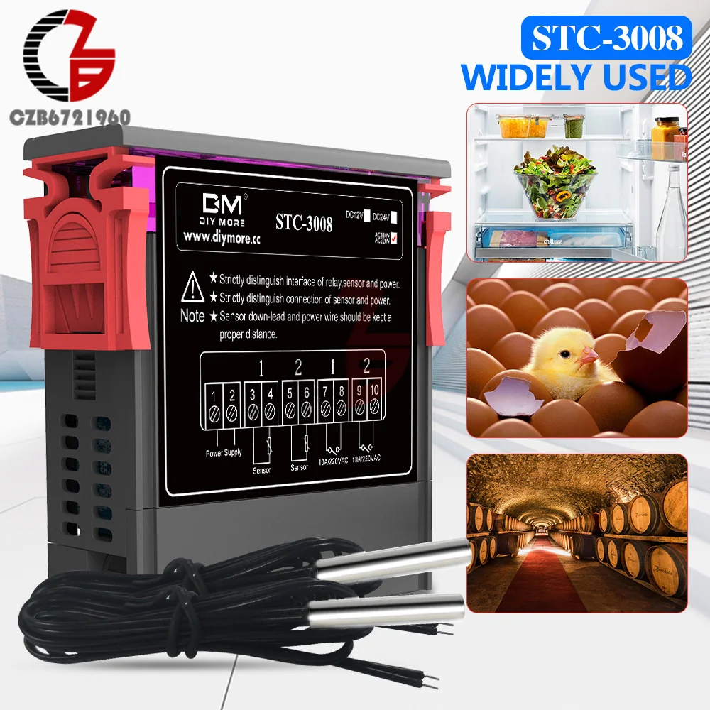 STC-3008 AC 110V 220V Dual Digital Teperature Controller Thermostat Refrigerator Heating Cooling Control Dual LED Sensor Probe