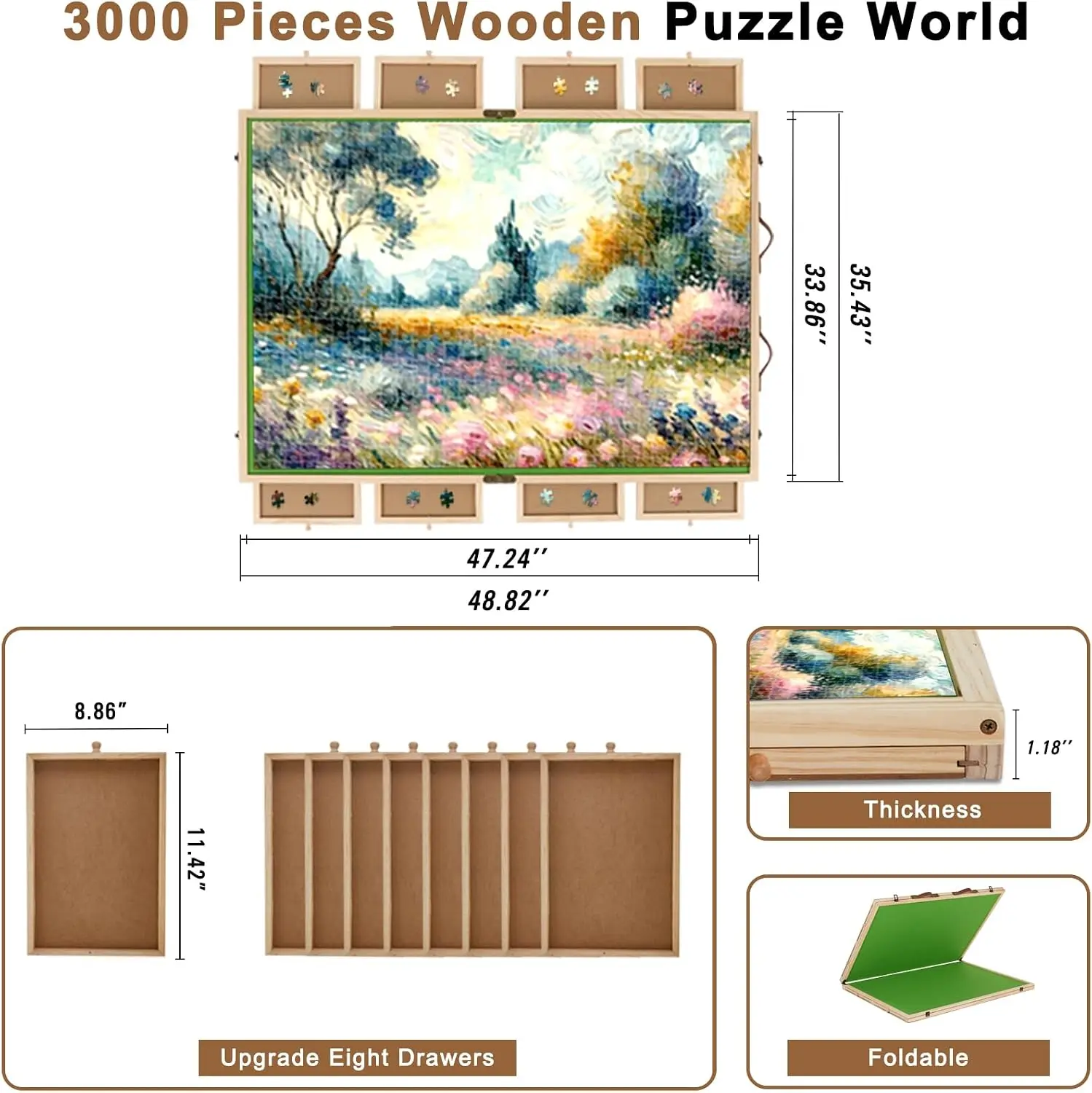 3000 Piece Large Foldable Puzzle Board with 8 Storage Drawers & Cover, Wooden