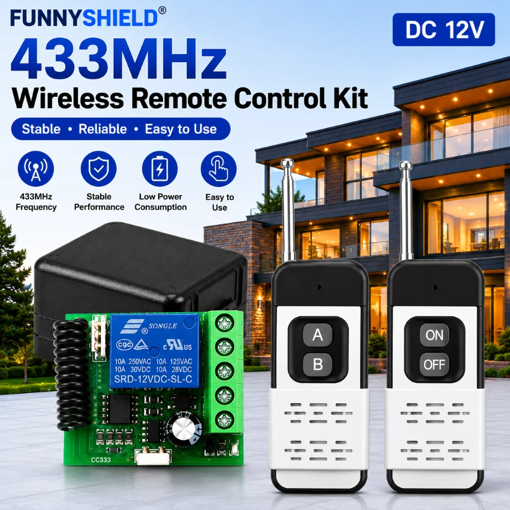 FUNNYSHIELD 433MHz DIY Wireless Switch DC 12V Mini Relay Module 1000Meters RF Receiver Remote Control for Lamps Lights Gate Door