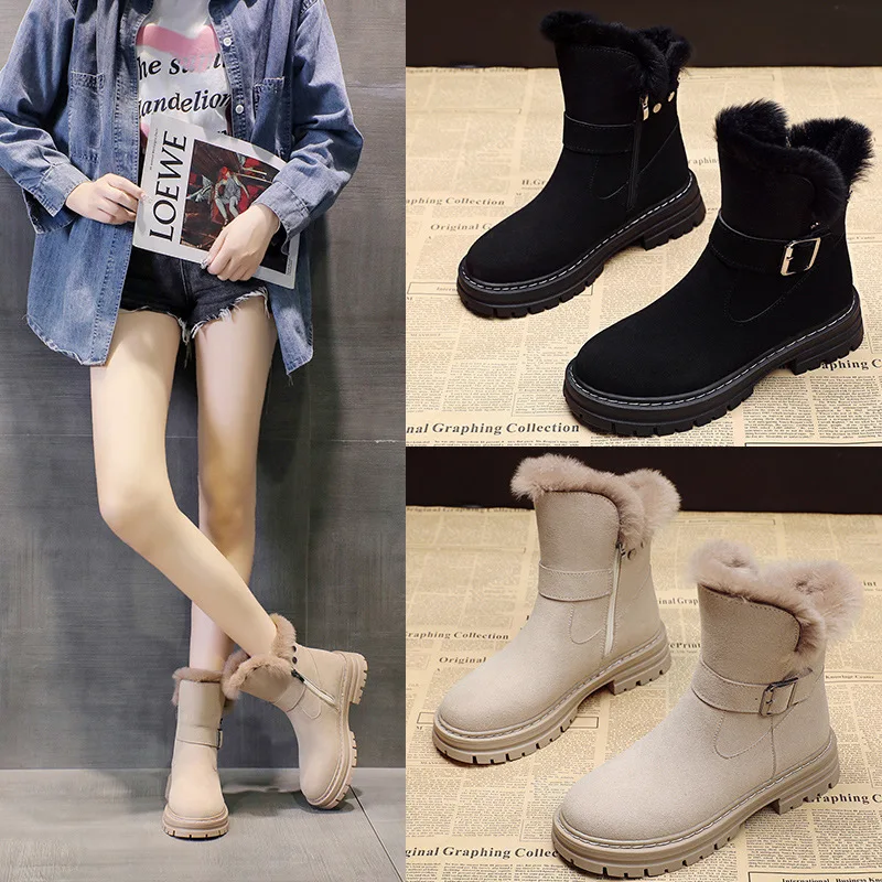 Zapatos botas de nieve con cremallera para mujer, botas de diseñador de lujo con punta redonda, calzado de invierno para mujer, moda Rock Lolita 2024, media pantorrilla Med Ru