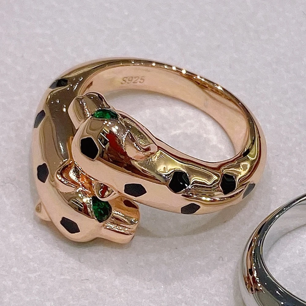 

Couple's Black Panther Leopard Print Ring Silver 925 Open Rings 18K Rose White Gold Plated Luxury Fine Jewelry For Women or Men