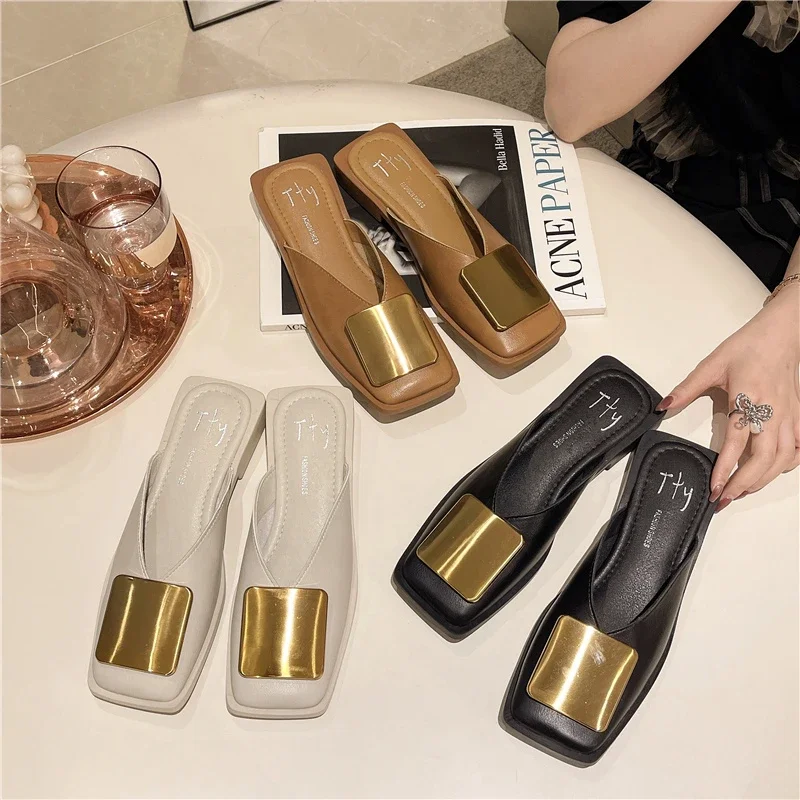 Brand Designer Women Slippers Fashion Metal Buckle Mules Flat Heels Square Toe Shallow Shoes Outdoor Slide Female Casual Sandal