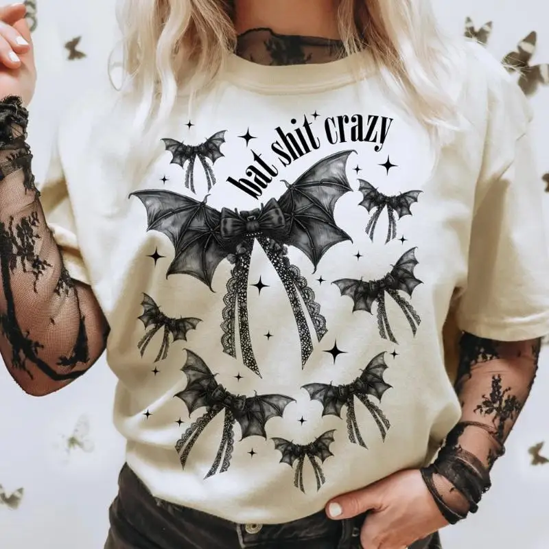 Halloween Bat Sh T Crazy Gothic Coquette Bow Png Retro T shirt