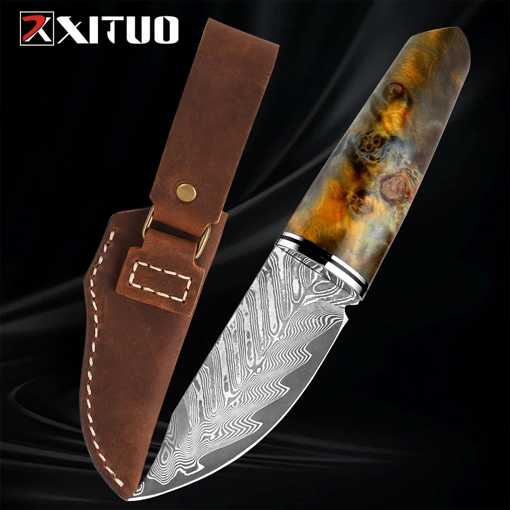 Damascus Steel Outdoors Knife Handmade Camping Straight Knife High Hardness Pocket Knife Sharp Fruit Knife with Leather Sheath