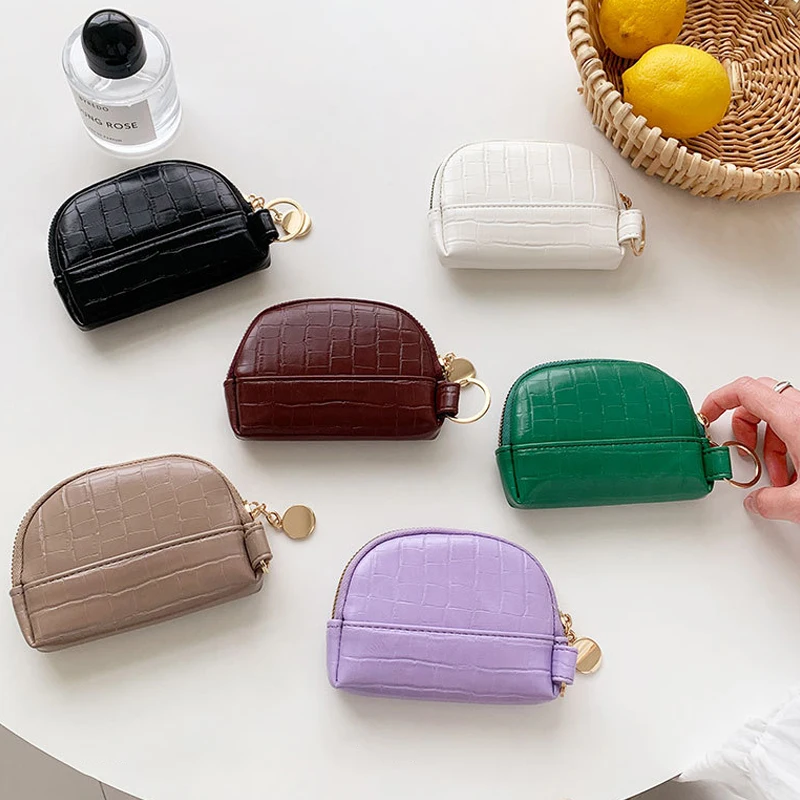 Elegant Shell Small Wallet PU Leather Coin Purse Simple Card Holder Korean Solid Color Zipper Key Case Mini Handbag