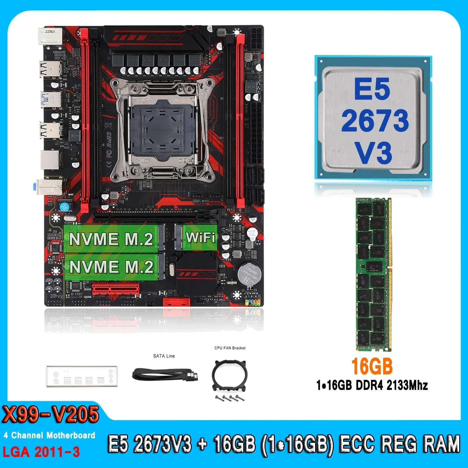 X99 Kit Motherboard LGA2011-3 Set with E5 2673V3 Processor 16GB(1*16GB) DDR4 ECC Memory M-ATX E5 2673V3 Four Channel Motherboard