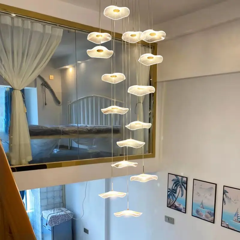 

Modern LED Lotus Chandelier For Staircase Dining Room Luxury Gold Indoor Hanging Lamp Nordic Loft Long Creative Lighting Fixture