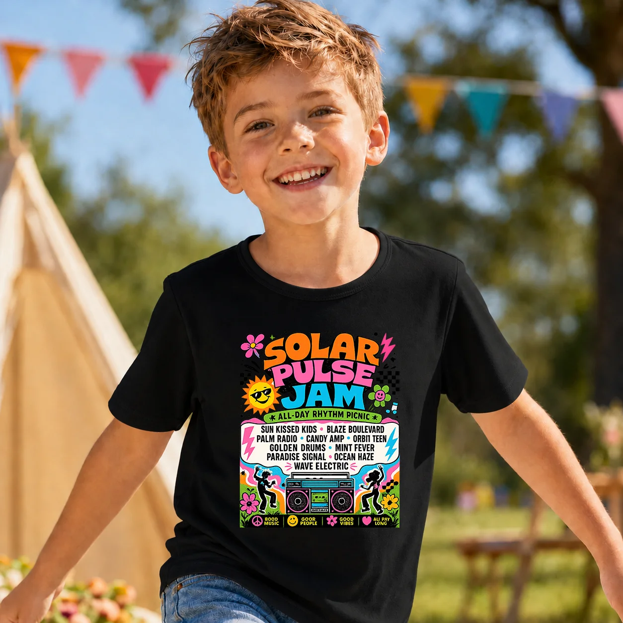 Kids Solar Pulse Jam Music Festival Graphic T Shirt Boys Girls Vintage Boombox Short Sleeve Tee Summer Casual Hip Hop Streetwear