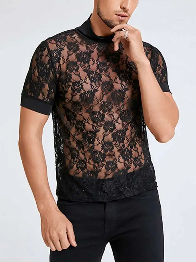 INCERUN 2023 Men T Shirt Mesh Lace See Through Sexy Turtleneck Short Sleeve Casual Tee Tops Streetwear Party Nightclub Camisetas