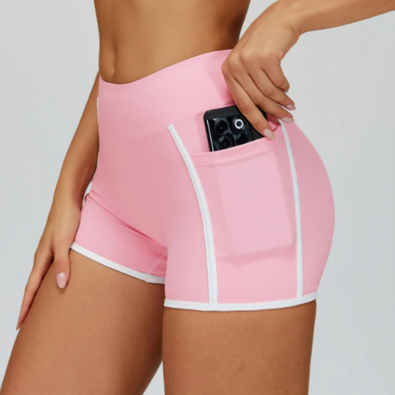Custom LOGO women's nude yoga pants contrasting colors tight sports outdoor exercise fitness running with pockets shorts