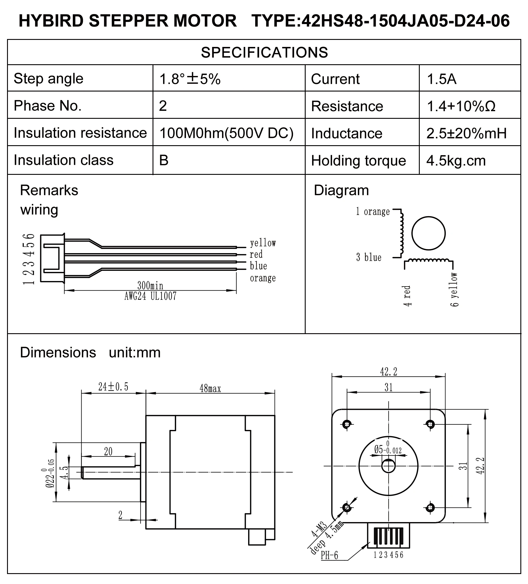 Nema 17 48mm stepper motor 42 motor 4.5kg.cm Single Axis 42HS48 for 3D Printer Printing 1.2A D shaped shaft