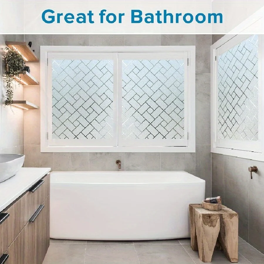 Herringbone Brick Pattern Static Cling Window Film, Semi-Transparent Privacy Decorative Cover, 45/60cm Width for Home Office