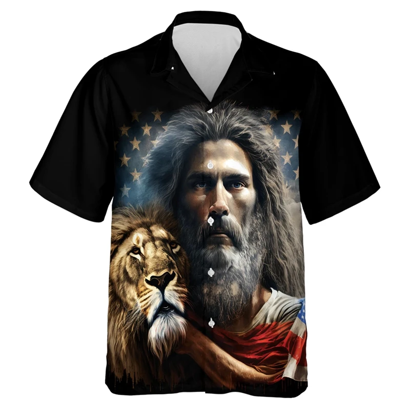 Lion Jesus Graphic Short Sleeve Shirts For Men Clothes Casual Male Streetwear USA Flag Lapel Blouse America Independence Day Top