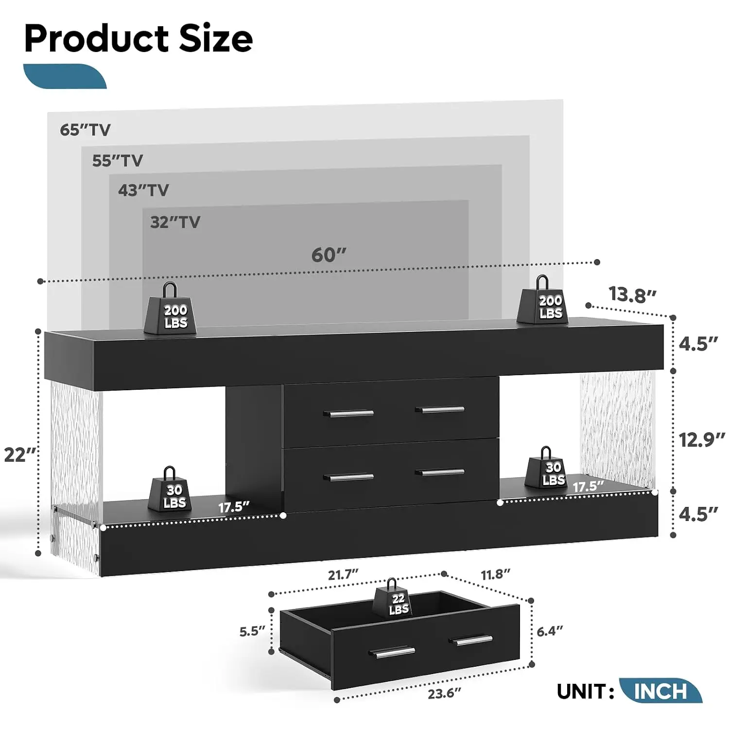 60 Inch Black TV Stand for 65 Inch TV, LED Entertainment Center, Customized