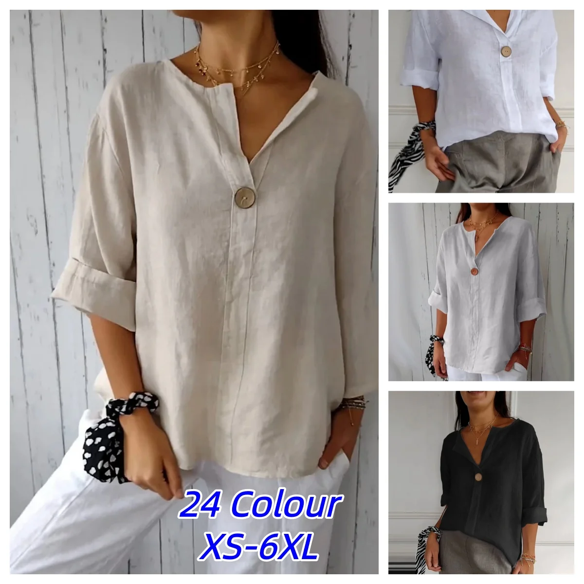 Camiseta de algodón y lino suelta con botones y cuello en V para mujer, estilo nuevo de verano, top informal transfronterizo, blusa de moda de ajuste holgado