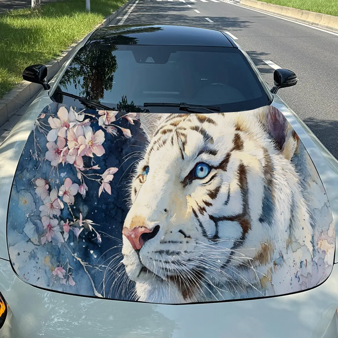 

Виниловая пленка для автомобиля с цветочным белым тигром, водонепроницаемая наклейка на капот автомобиля из ПВХ, самоклеящиеся устойчивые к царапинам наклейки для крышки двигателя, C