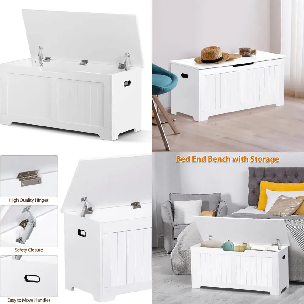 

Wooden Shoe Storage Bench Organizer, 39-Inch Entryway Chest Box with Safety Hinges, White Shoe Organizer Storage Bench for Entry