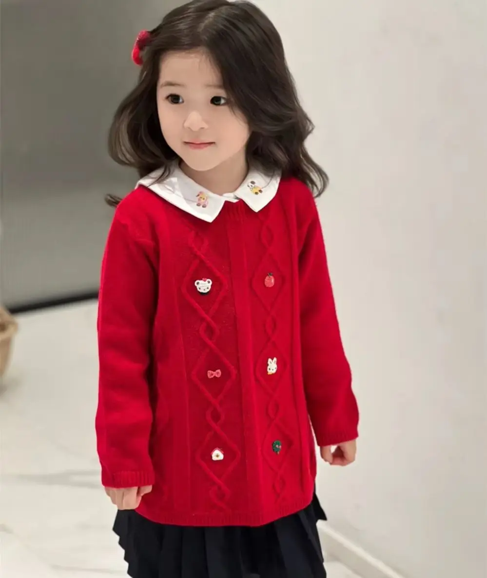 

warm sweaters baby girls clothes kids tops Cartoon pattern embroidered red sweater Knitted pullover sweater