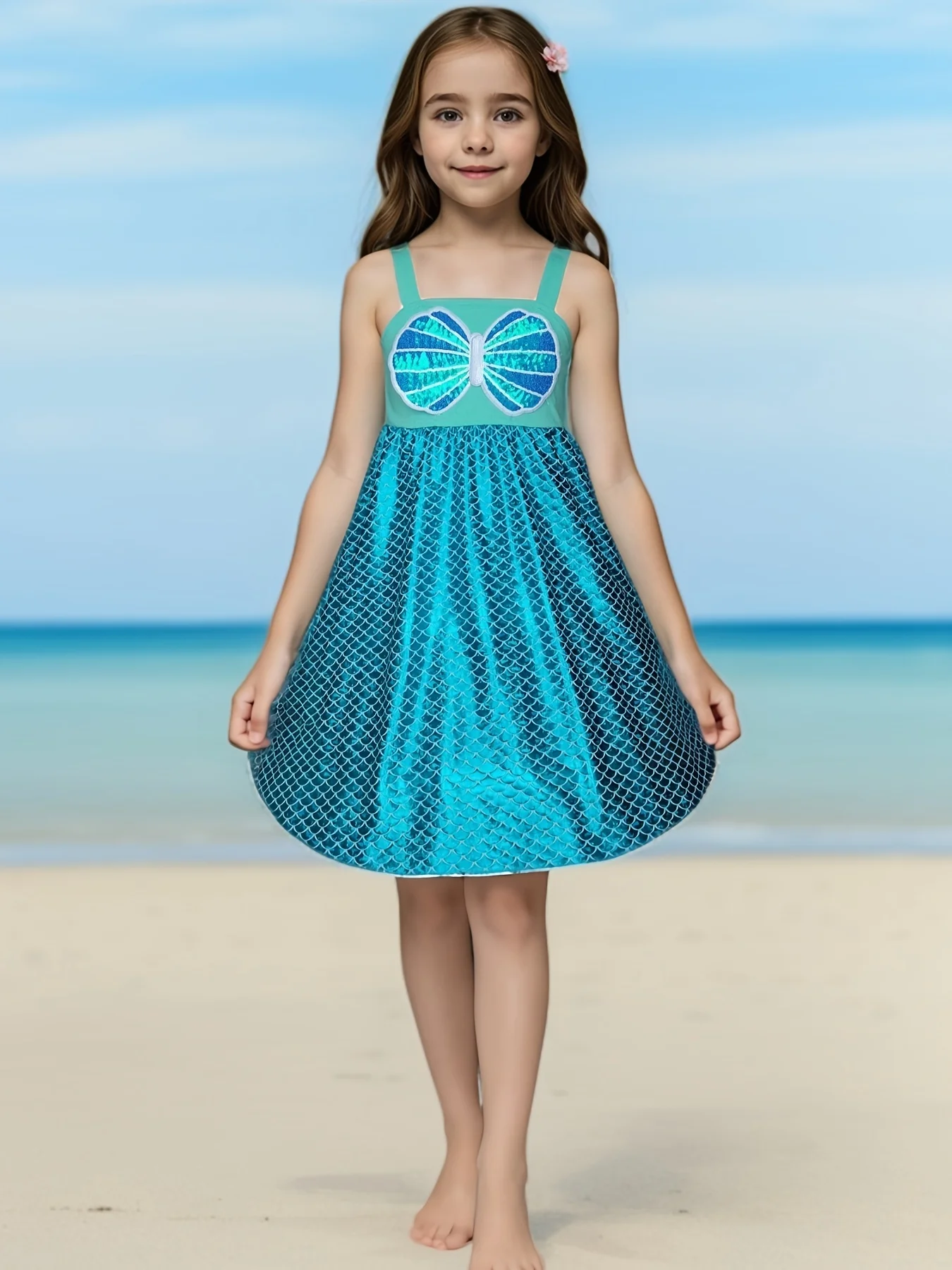 

Girl Mermaid Princess Inspired Dress Sequin Twirl Soft Tank Dress With Sequin Bows For Halloween Daily Wear Little Fish