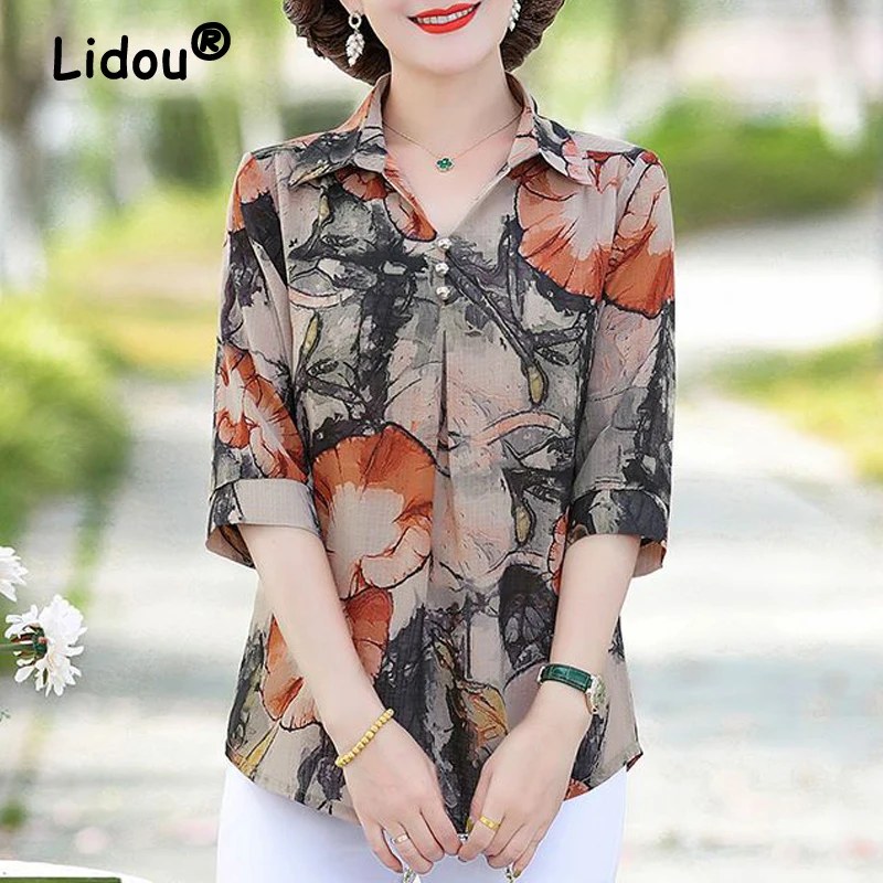 Women Floral Print Vintage Elegant Button Shirt Summer Fashion Casual Half Sleeve Loose Blouse V Neck Comfortable All Match Tops