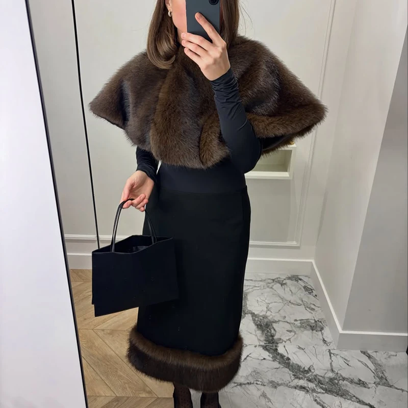 2 Piece Sets Fur Feather Skirts Outfits Women 2026 New Cover up Shawl Top And Long Skirt Sets Elegant Streetwear Skirts Suits