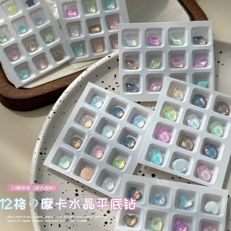 12 قطعة علوية موكا ملونة مسطحة الظهر كريستال الماس ستار الحب الدهون مربع المستقيم البيض مسمار الفن الراين زينة مانيكير السحر