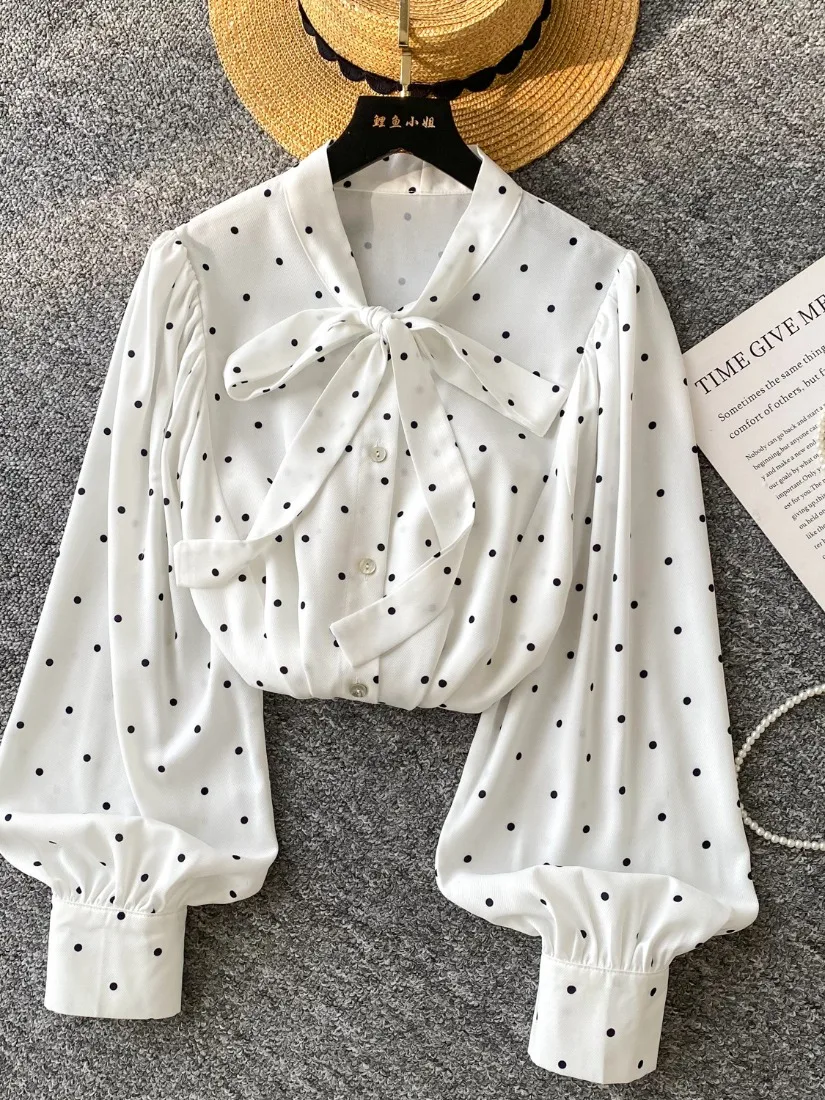 Foamlina Polka Dot Print Shirt Women Vintage Bow-tied Collar Lantern Sleeve Single Breasted Loose Shirt Female Casual Blouse Top
