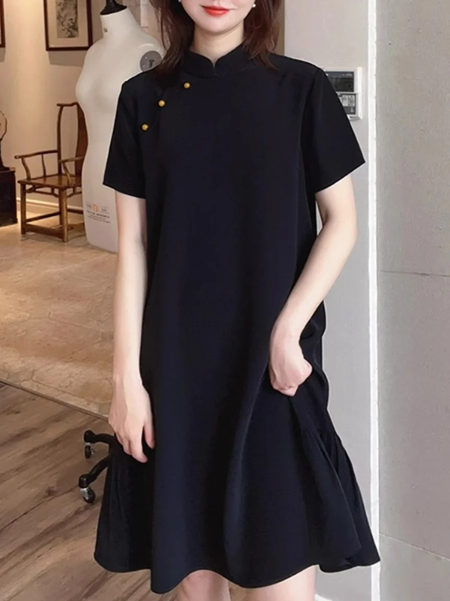 

Новое китайское платье в стиле Хепберн для женщин больших размеров, свободного кроя, стройнящее, черное.