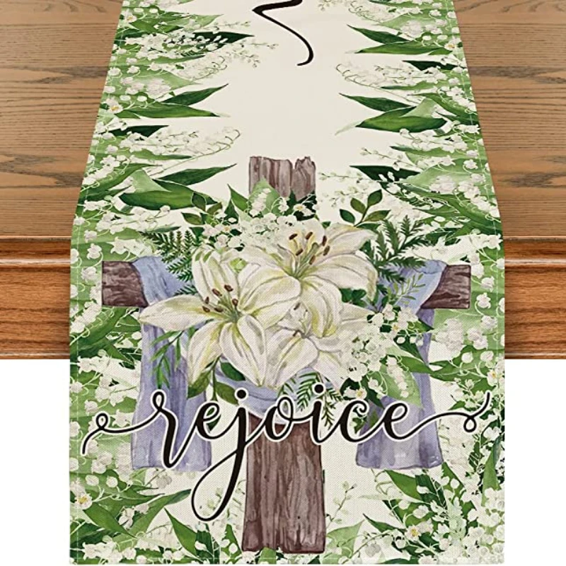 

He Is Risen Easter Table Runner, Spring Summer Seasonal Holiday Kitchen Table Decorations for Indoor Home Party Decorations