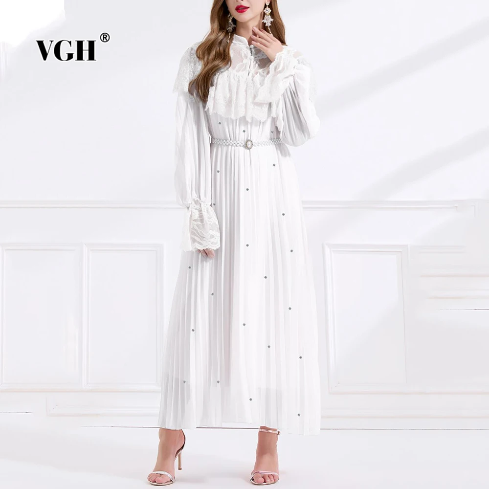 

VGH Slimming Elegant Spliced Folds Dresses For Women Stand Collar Long Sleeve High Waist Temperament Dress Female Fashion Style