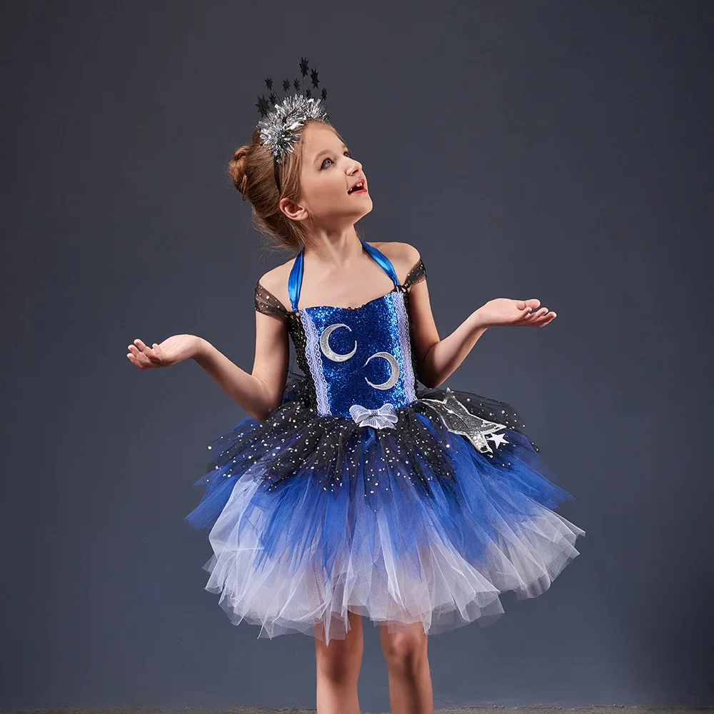 Atemberaubendes Glitzerndes Galaxy Chicas Tutu-Kleid Nachthimmel Sterne Mond Kinder Halloween-Kostüm Funkelndes Festkleid Gala-Party Ballkleid – Detail 5