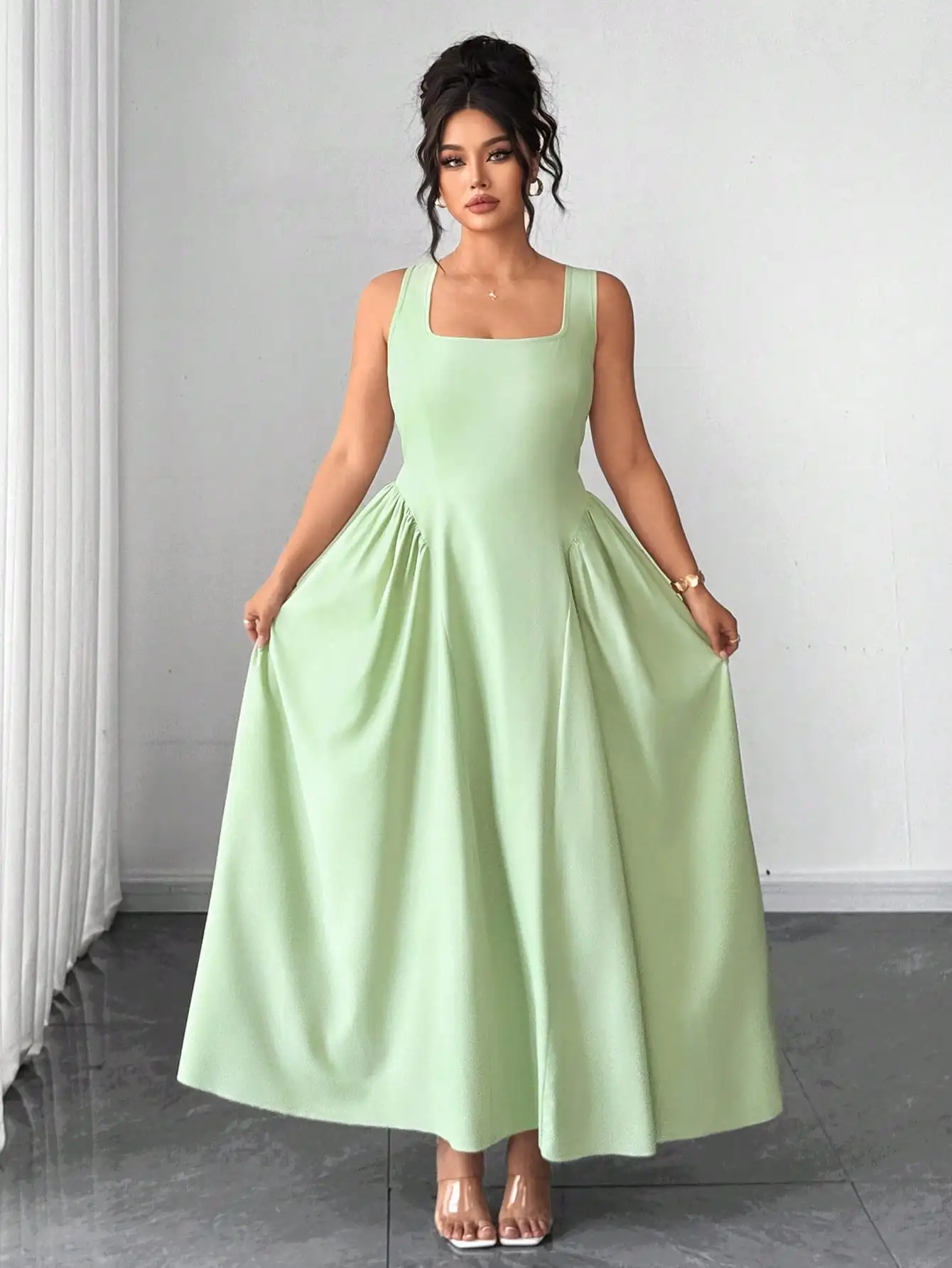 

Mint Green Square Neck Sleeveless A-Line Maxi Dress With Ruched Detail, Elegant Plus Size Formal Gown For Occasions