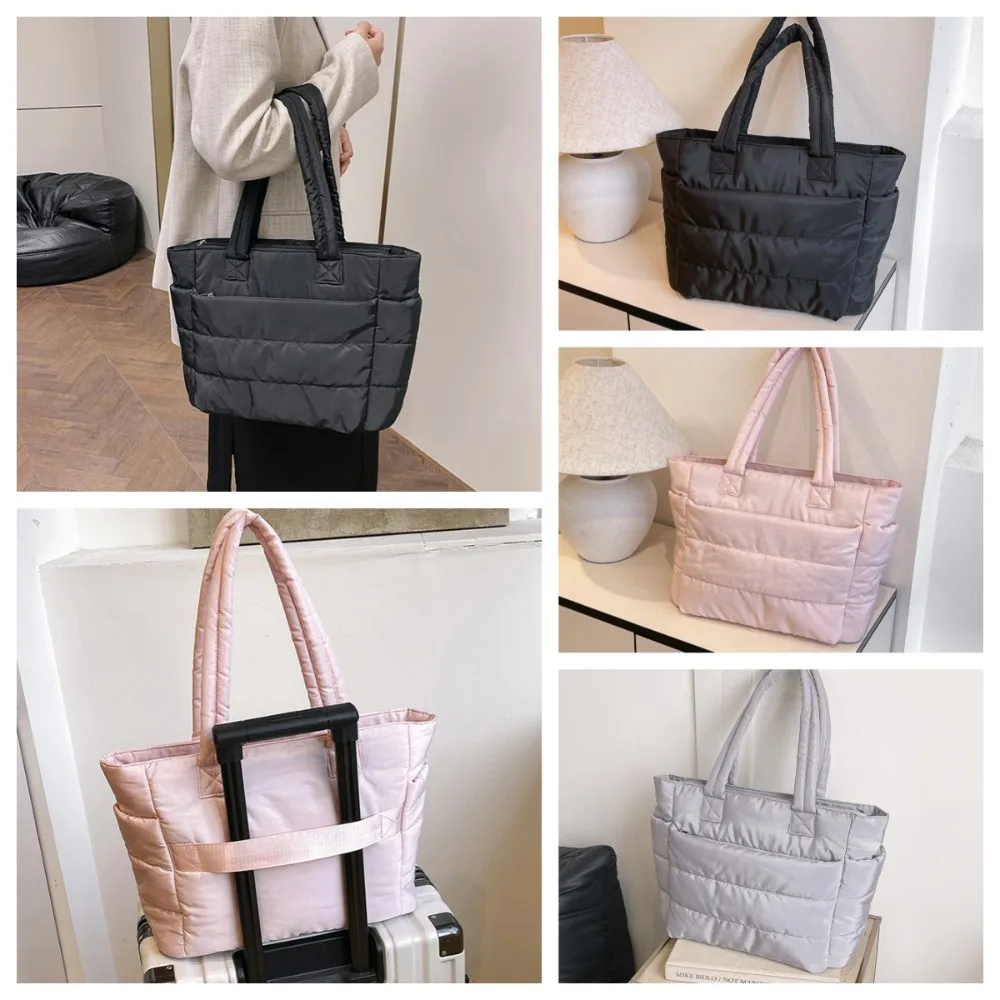 

Casual Large Capacity Cotton Padded Tote Bag Soft Zipper Puffy Laptop Bag Simple Handbag Commute Briefcase Unisex