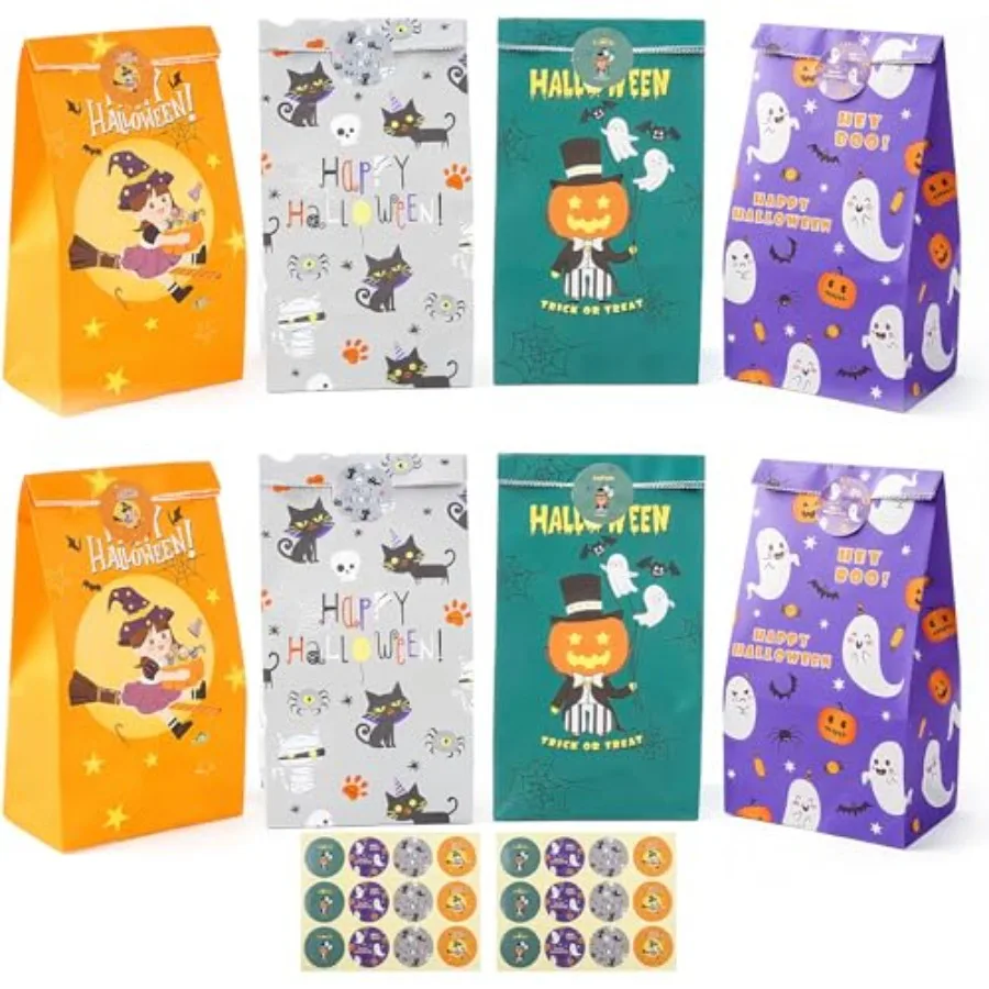 Paquet de 24 sacs à cadeaux d'Halloween, 4 styles de sacs à friandises avec échange Sti Party Favo pour fournitures d'Halloween en classe 4,7" x 3,1" x 9