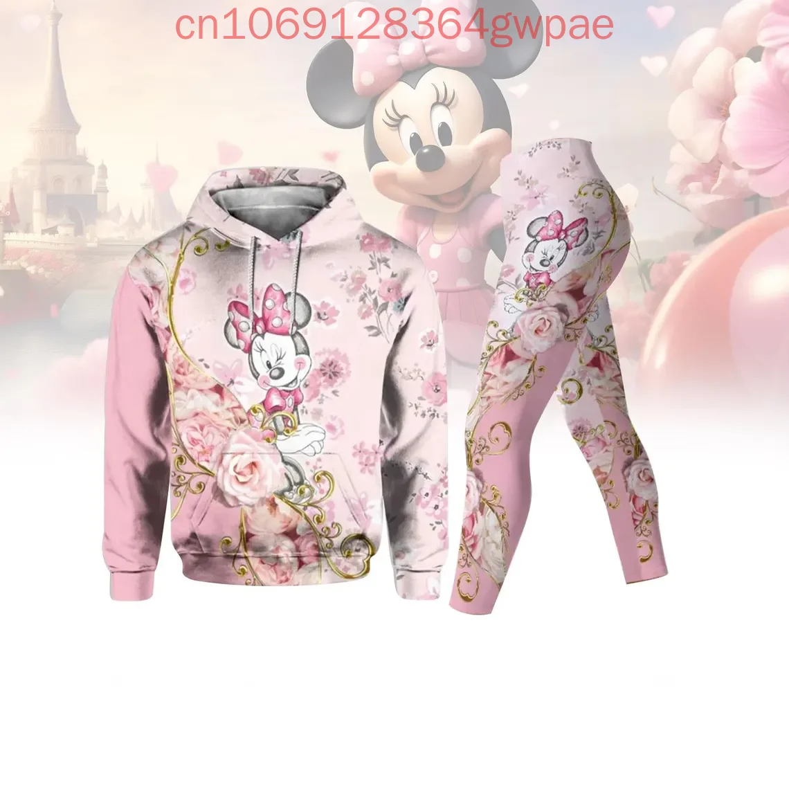 Cute Minnie 3d Hoodie and Leggings Set for Women's Disney Mickey Yoga Pants Sweatpants Fashion Casual Leggings Track Suit