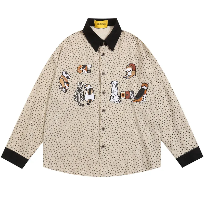 Harajuku Shirt Y2K Funny Embroidery Cartoon Cat Dog Button Up Cotton Blouse Streetwear Men Hip Hop Casual Loose Tops Shirts