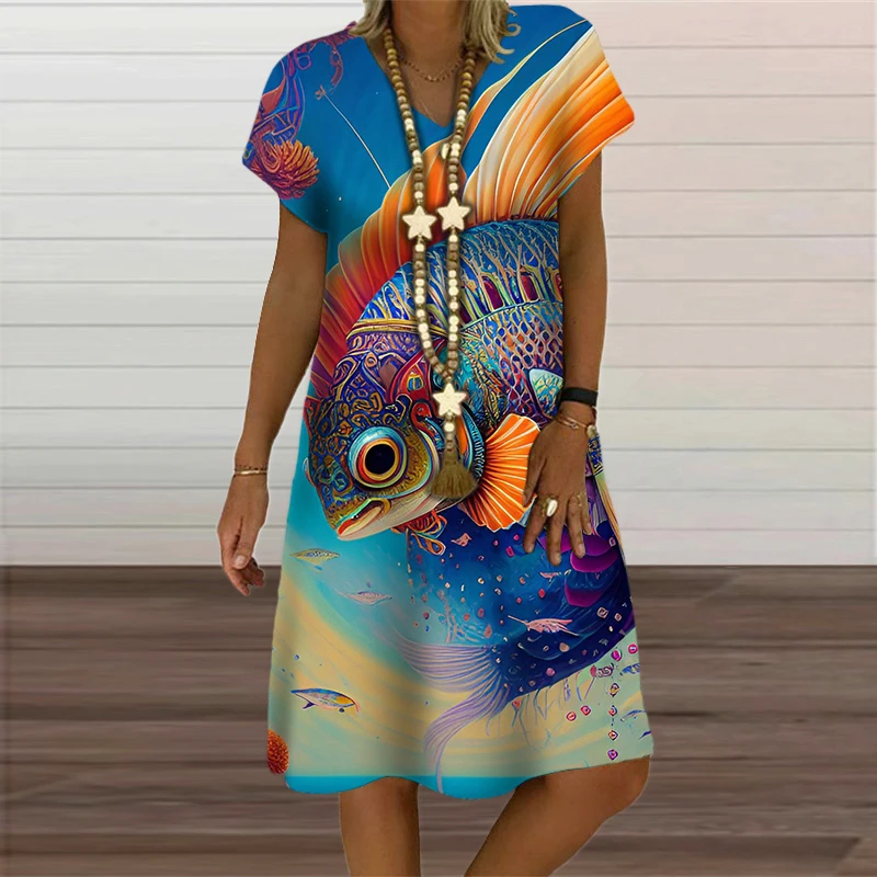 New Women Ocean Life Sea 3D Fish Print Dresses For 2023 Summer Beach Style Loose Short Sleeve Dress Casual V-Neck Woman Clothes
