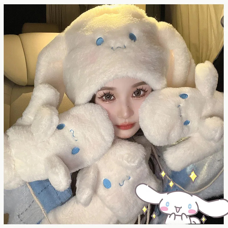 Sanrios Cinnamoroll Gloves Hat Scarf Three-Piece Set Autumn Winter Thickened Warm Girls Plush Hat Student Kawaii Festival Gift