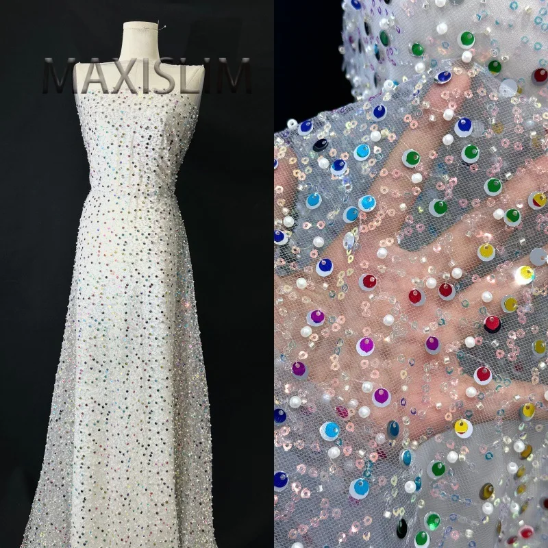 

Spot Wholesale Mesh Embroidery Sequin Fabric Colorful Fashion Evening Dress Princess Dress Performance Suit Fabric Width 125CM