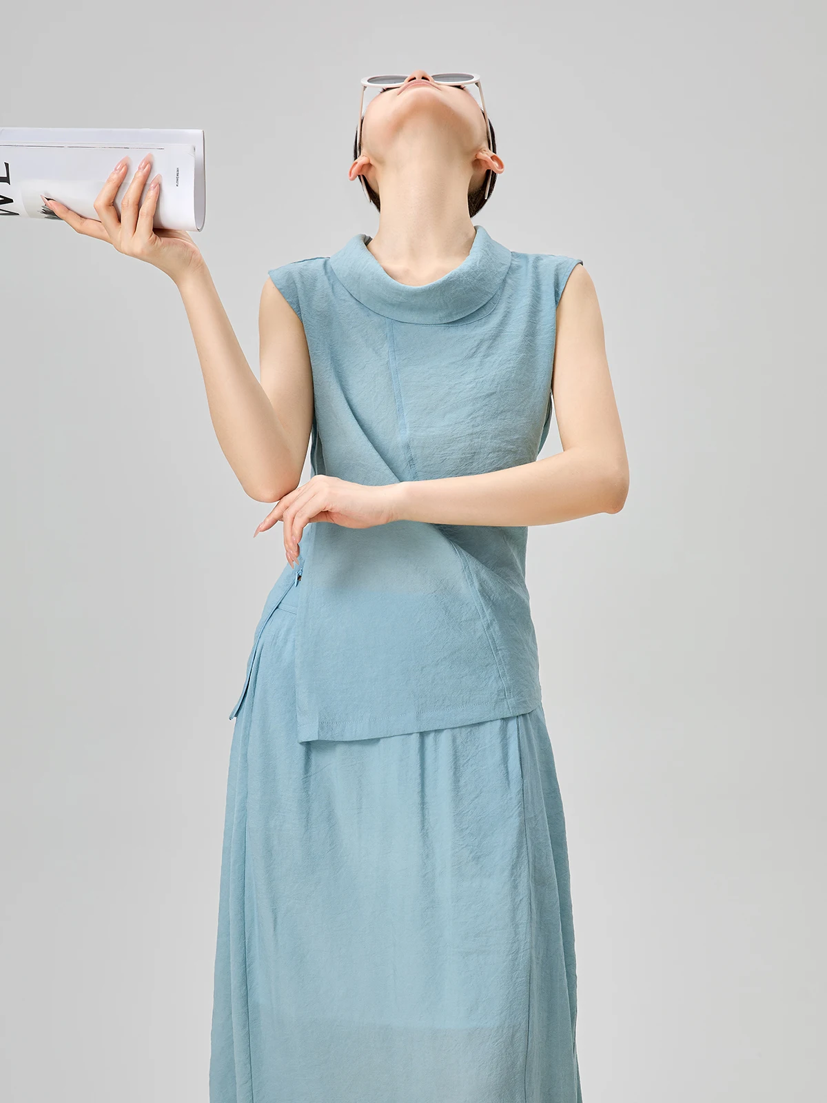 Conjunto de falda y chaleco azul Svel, traje de verano Faionable para mujer, conjunto de dos piezas redondo Ele Lady Sle