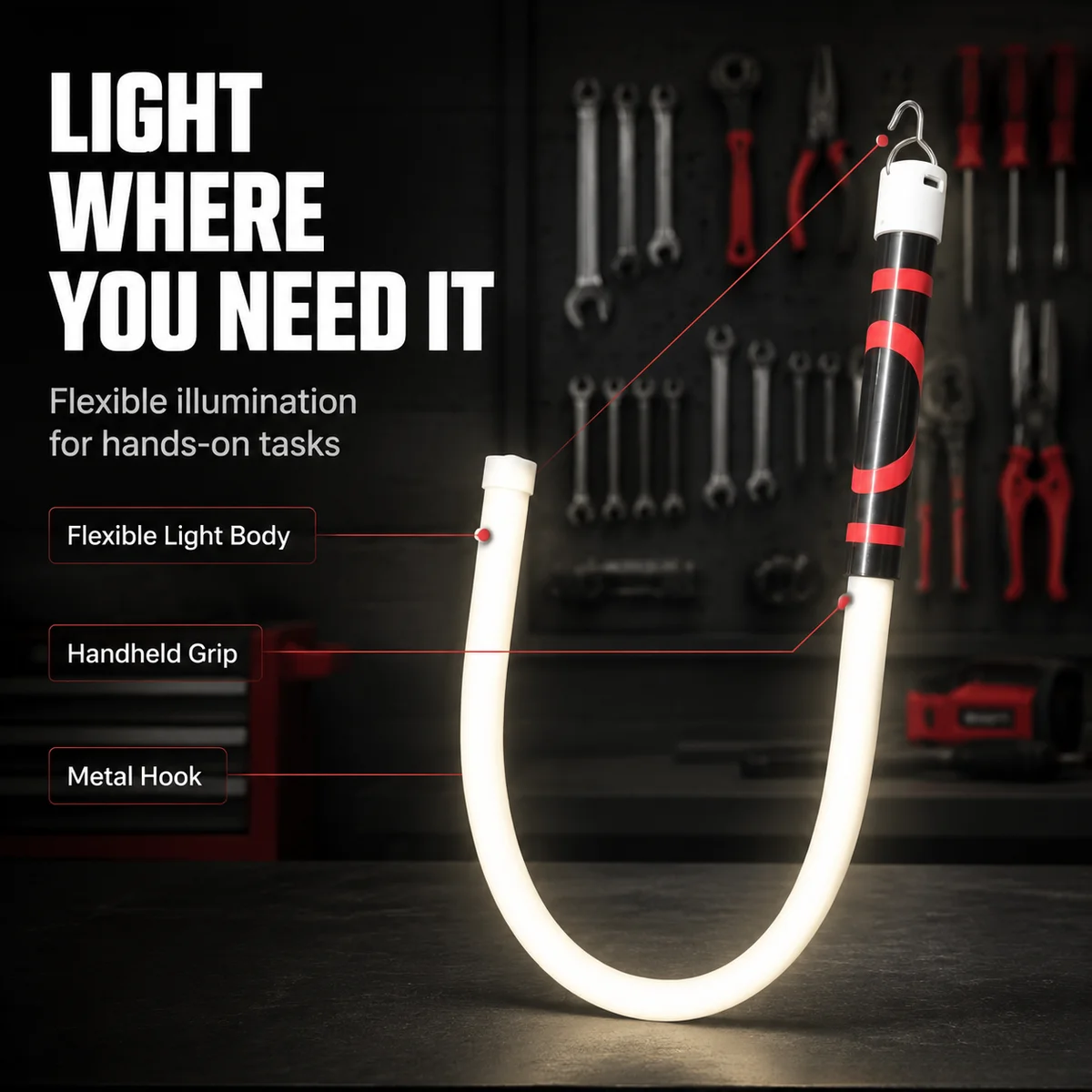 Rechargeable Flexible Work Light Stick Bendable LED Flashlight 3 Brightness Modes 4 Car Repair Mechanical Inspection Tight Space