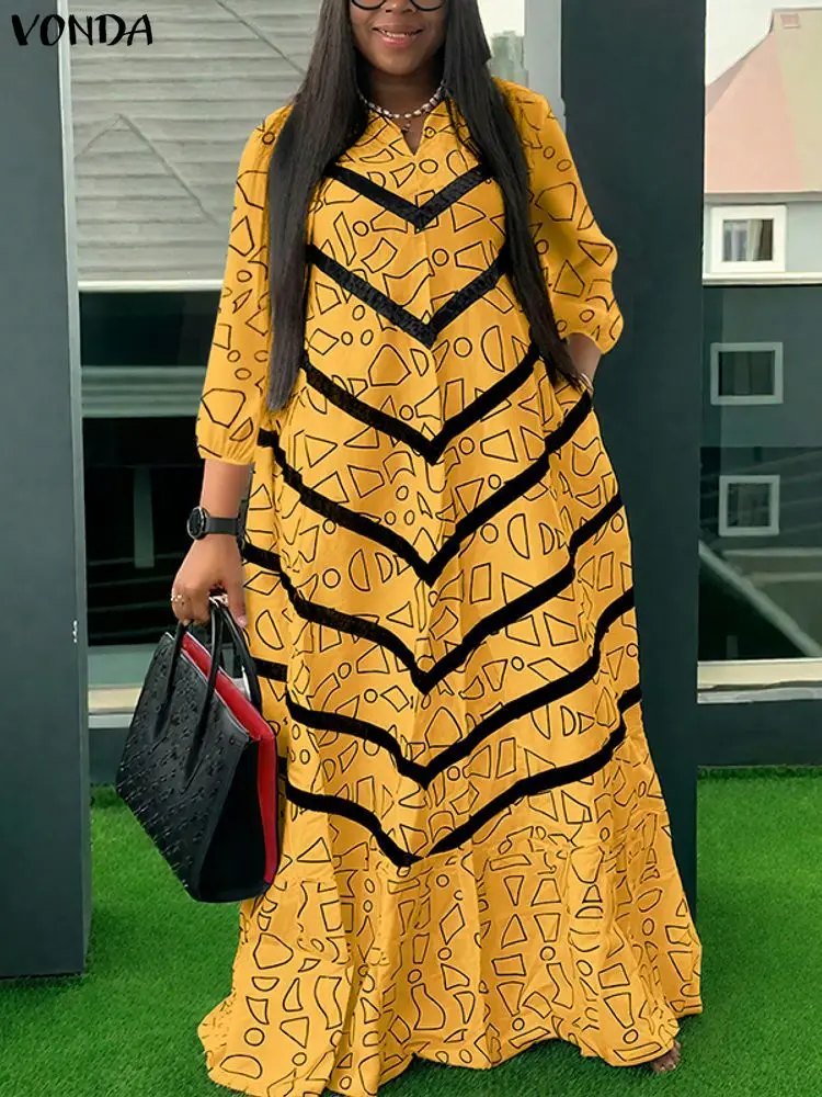 플러스 사이즈 5XL VONDA 보헤미안 드레스 여성 가을 롱 맥시 로브 프린트 러플 파티 우아한 3/4 소매 캐주얼 루즈 드레스