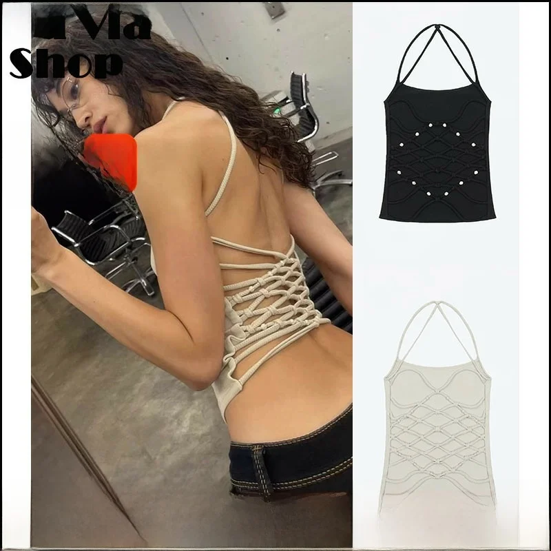 

Handcrafted Beaded Strap Backless Tank Top Vest Women's Fashion Commute Style Short Length Pure Color Handmade Jewelry