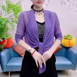Women Shawl Long Sleeve See-through Open Stitch Sunscreen Shawl wrap Summer Thin Jacket Elegant Cardigan Blouse AC Warm Jacket