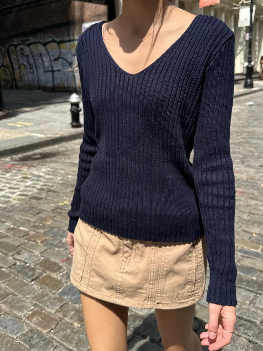 Vintage Navy Knitted Sweaters Women 2023 Autumn Sweet V Neck Long Sleeve Slim Y2k Tops Ladies Harajuku Cute Cotton Pull Sweater