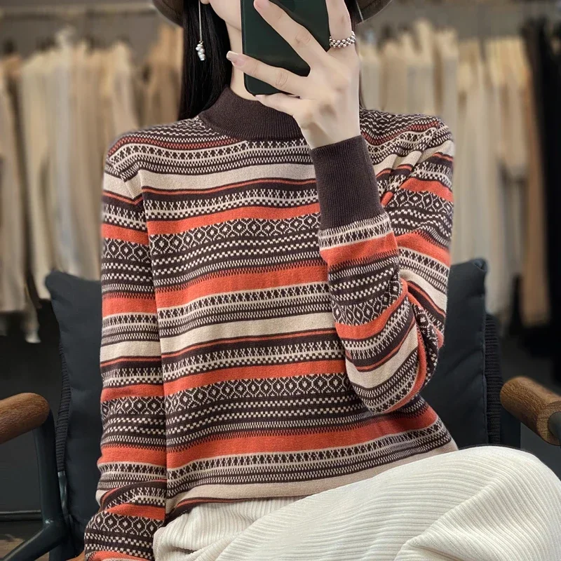 

Pullover Retro Style Sweater Women Striped Chinese Style Sweater Winter Weaving Flowers Loose Turtleneck Women's Long Sleeve Top