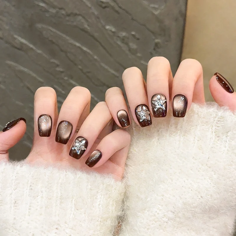 

10Pcs Square Handmade Brown Cat Eye Press on Nails White Star Rhinestone Design Wearable False Nails Glitter Decoration Manicure