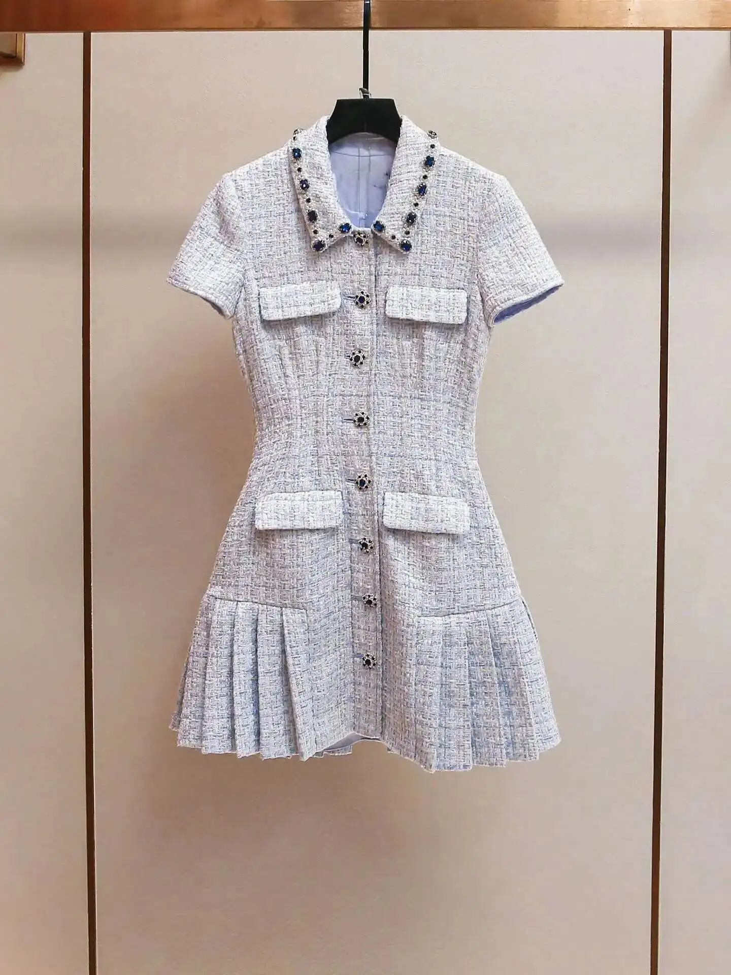 Sommer Herbst Kristall Tweed Kurzes Kleid Hemd Frauen Ärmellose Perlen Diamanten Einreiher Abend Party Kleider Dame