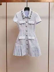 Summer Autumn Crystal Tweed Short Dress Shirt Women Sleeveless Beaded Diamonds Single Breasted Evening Party Dresses Lady