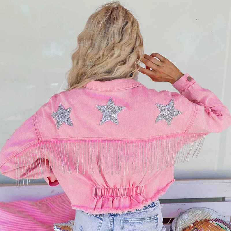 

Casual Button-Up Tassels Five-Pointed Star Diamond Denim Jacket Women Streetwear Fringed Jean New In outerwears Chic Coat Top